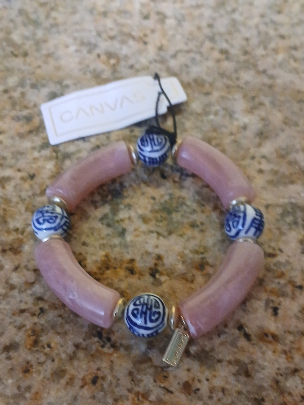 Bella Canvas Pink Stone and Blue Porcelain Beaded Stretch Bracelet